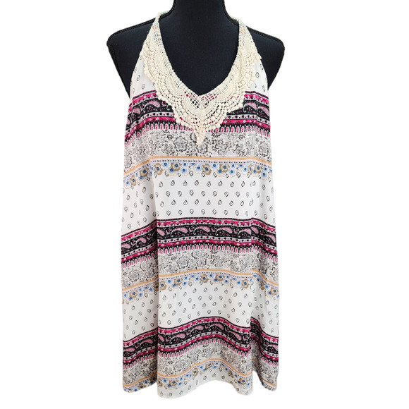 Women Medium Boho Halter Sundress Crochet Trim Shift Dress Lined Vacation Summer - Picture 2 of 11